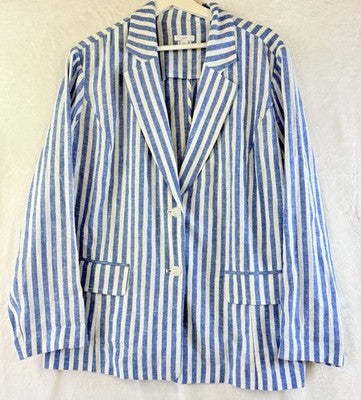 J Jill Linen Blend Striped Blazer Womens XL Royal Blue Cream 2 Button Unlined