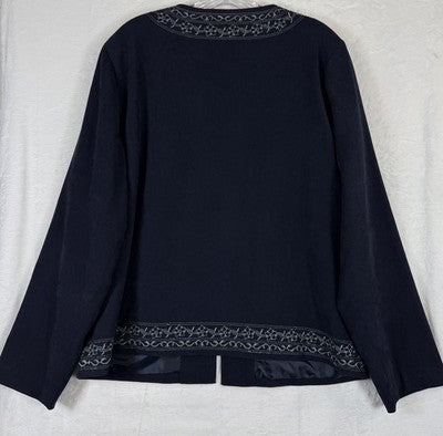 Susan Graver Jacket Large Blue Embroidered Long Sleeve Womens Blazer