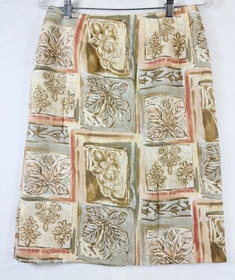 Vintage Womens Skirt 10 Leaf Print Green Tan Pencil 80s 90s Made In USA