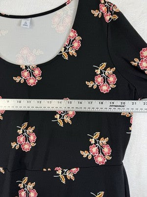 Old Navy Dress 1X Knit Black Floral Long Sleeve Midi Soft Fit Flare Plus Size