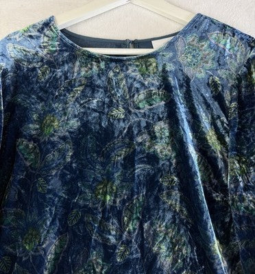 J Jill Top Large Blue Floral Velour 3/4 Sleeve Women Medium
