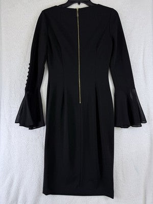 Calvin Klein Dress 2 Chiffon Bell Sleeve Sheath Black Cocktail Party Womens