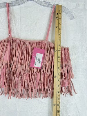 Dance Costume Adult Small Womens Pink Rhinestone Faux Suede Studded Top Fringe
