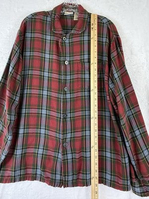 LL Bean Pajama Top Medium Mens Red Plaid Long Sleeve 100% Cotton Vintage