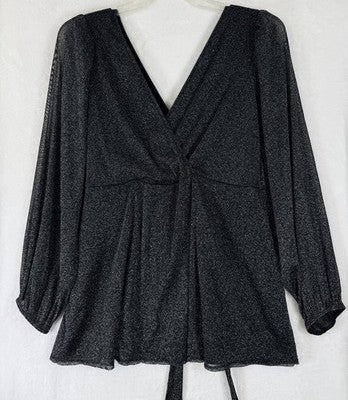 Torrid 3 Top Faux Wrap Black Metallic Tie Waist 3X Plus Size Long Sleeve V Neck