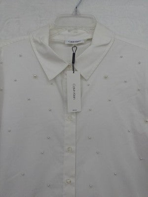 Calvin Klein Top 0X Long Sleeve Shirt White Button Up Pearl Embellished New NWT