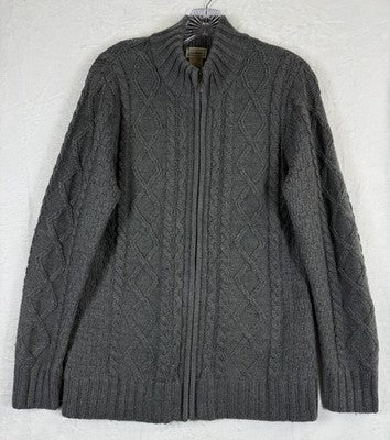 LL Bean Womens Large Cardigan Sweater Full Zip Gray Cable Knit