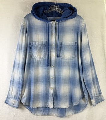 American Eagle Flannel Shirt Hoodie Medium Cozy Cabin Blue Plaid Womens