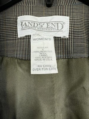 Vintage Lands End Size 6 Blazer Women 90s Tan Plaid Jacket Worsted Wool Made USA