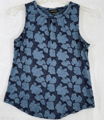 Banana Republic Top XS Blue Floral Print Sleeveless Knit High Neck Womens