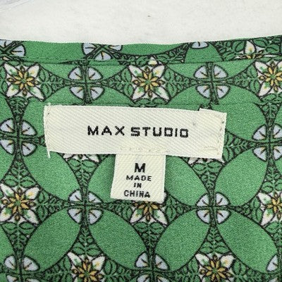 Max Studio Top Medium Blouse Flutter Sleece Green Print Womens