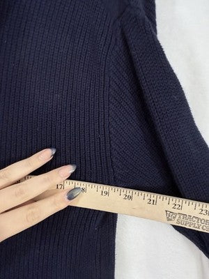 Talbots Medium Sweater Tipped Split Neck Shaker Knit Navy Blue Turtleneck Womens