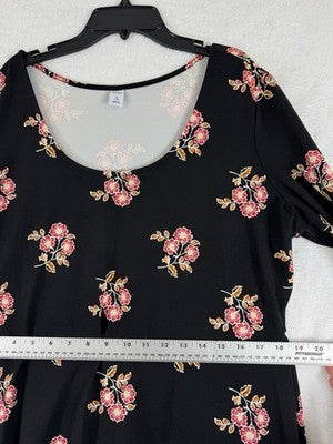 Old Navy Dress 1X Knit Black Floral Long Sleeve Midi Soft Fit Flare Plus Size