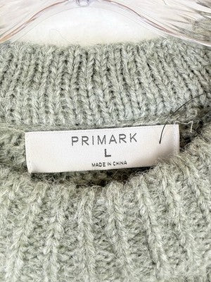 Primark Sweater Large Green Crew Neck Pink Whipstitch Wool Blend