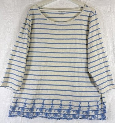 Talbots Top 3x 3/4 Sleeve Ivory Blue Striped Embroidered Plus Size Women Cotton