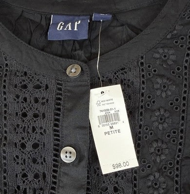 Gap Lace Trim Mini Dress Medium Petite Women Black 3/4 Sleeve Boho Whimsical New