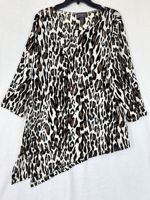 Chicos Travelers 2 Top Leopard Print Tunic 3/4 Sleeve Asymmetrical Womens Large