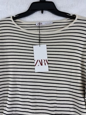 Zara Sweater Womens Large Ivory Black Striped Long Sleeve Lightweight New NWT