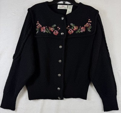Carroll Reed Wool Cardigan Medium Black Embroidered Flowers Vintage