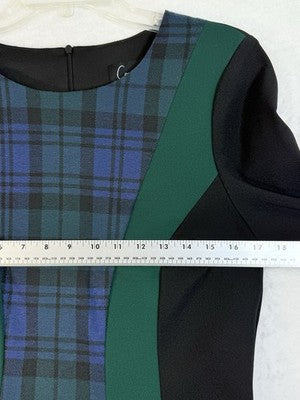 Connected Apparel Dress 8 Black Green Tartan Plaid Pencil Sheath Short Sleeve