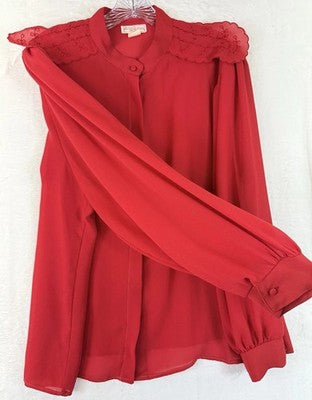 Vintage 70s 80s Red Chiffon Blouse Large Shoulder Pads Secretary Top 9 To 5