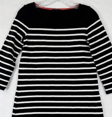 Talbots Dress P XS Petite Womens Black Ivory Striped Knit 3/4 Sleeve Shift