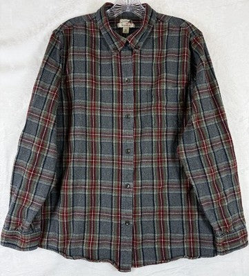 LL Bean Scotch Plaid Flannel Shirt Womens XL Gray Red Relaxed Fit Button Up Top