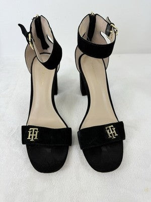 Tommy Hilfiger Block Heel Sandals 11 Womens Black Suede Leather Gold Buckle Shoe