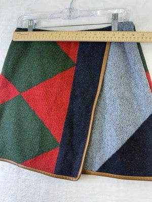 Tory Burch Cheval Wool Blend Plaid Wrap Mini Skirt 4 Geometric Leather Trim