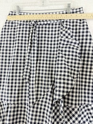 Talbots Ruffle Wrap Skirt 12 Blue Gingham Tie Front Midi 100% Cotton Womens