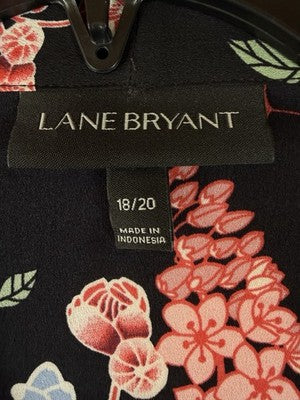 Lane Bryant Top 18 20 Long Sleeve Blouse Black Floral Neck Bow Womens