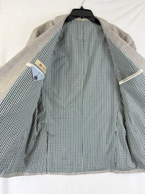 Haggar Blazer 44R Linen Blend Beige Tan Plaid Mens Jacket Sport Coat