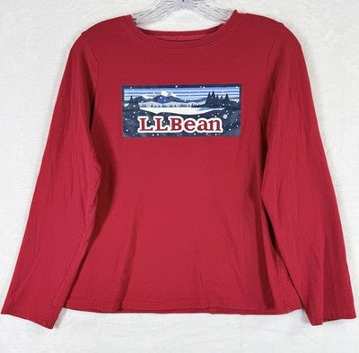 LL Bean Long Sleeve T Shirt Women XS Petite Red Mountains Logo