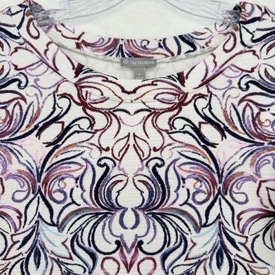 T By Talbots Top 3/4 Sleeve XS Petite Womens Button Hem Purple Print Knit