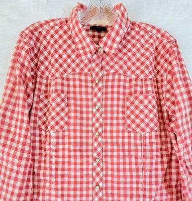Gap Western Shirt Pearl Snap Womens XXL Pink Gingham Cotton Lightweight Roll Tab