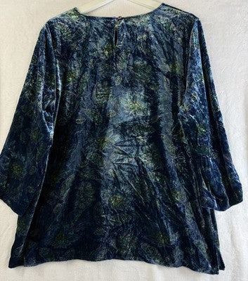 J Jill Top Large Blue Floral Velour 3/4 Sleeve Women Medium