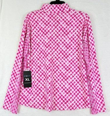 IBKUL Womens Long Sleeve Top XL 1/4 Zip Mock Neck Pink Gingham Check Print Golf