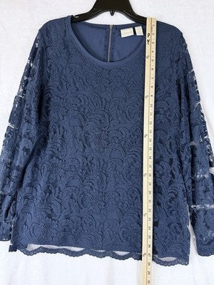 Chicos Tops Size 2 Blue Long Sleeve Knit W/ Lace Overlay Blouse Large Womens