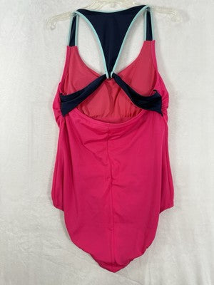 Lands End Swimsuit 14 One Piece Racerback Pink Blue V-Neck Swim Suit Womens