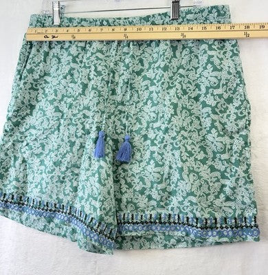 J Jill Love Linen Shorts Green Floral Pull On Womens