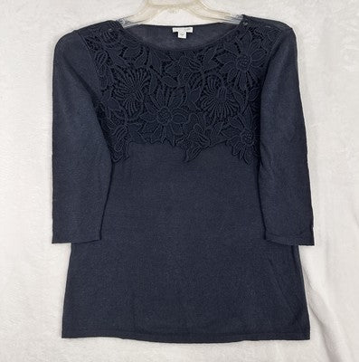 J Jill Sweater Small Blue Sweater Lightweight 3/4 Sleeve Floral Cotton Womens