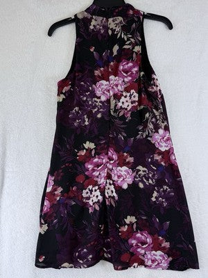 Accidentally In Love Dress XS Sleeveless Mini Black Purple Floral Shift Made USA
