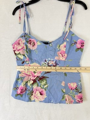 Gap Tops For Women Medium Linen Blend Cami Tie Strap Blue Floral Cottagecore