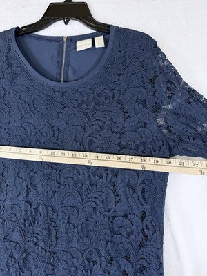 Chicos Tops Size 2 Blue Long Sleeve Knit W/ Lace Overlay Blouse Large Womens