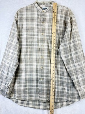 Natural Elements Top Large Womens Linen Cotton Band Collar Green Plaid Vintage