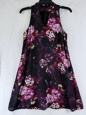 Accidentally In Love Dress XS Sleeveless Mini Black Purple Floral Shift Made USA