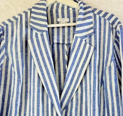 J Jill Linen Blend Striped Blazer Womens XL Royal Blue Cream 2 Button Unlined