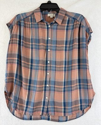 LOFT Womens Tops Large Sleeveless Shirt Plaid Button Up Lightweight Pink Blue
