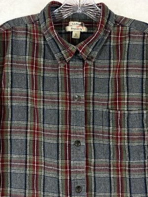 LL Bean Scotch Plaid Flannel Shirt Womens XL Gray Red Relaxed Fit Button Up Top