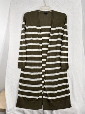 Talbots Small 100% Linen Long Cardigan Open Front Long Sleeve Green White Stripe